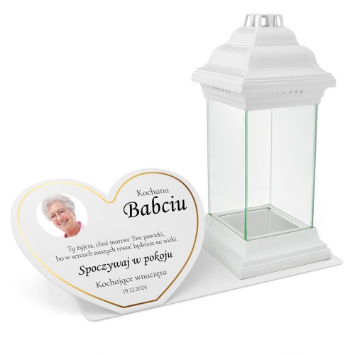Lampion i podstawka nagrobkowa ze zdjęciem i dedykacją dla babci