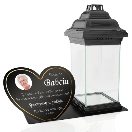 Lampion i podstawka pod znicz z nadrukiem i zdjęciem dla babci