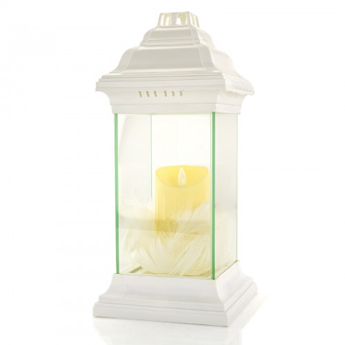Duży znicz lampion LED biały z piórkami