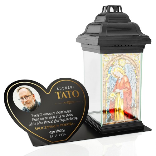 Znicz z witrażem i metalowa podstawka ze zdjęciem na grób taty