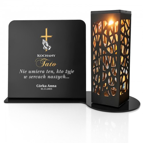 Premium lampion solarny dla Taty - elegancki znicz LED z personalizacją i metalową podstawą