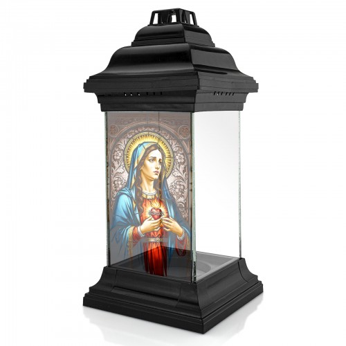 Znicz lampion witrażowy z MARYJĄ czarny z nadrukiem