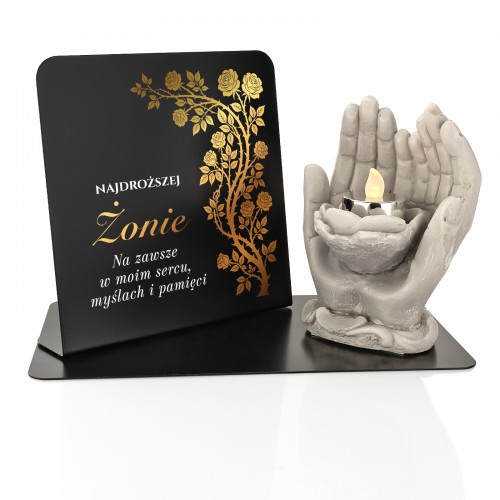 Statuetka z dedykacją na grób żony i lampion LED