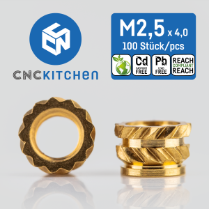 CNC Kitchen Gewindeeinsätze (metrisch) bleifrei (M2,5 Kurz - 100 Stück)