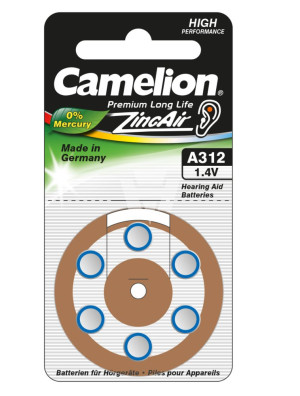 Hörgerät-Batterie Camelion 312, A312, Made in Germany, 6 Stück