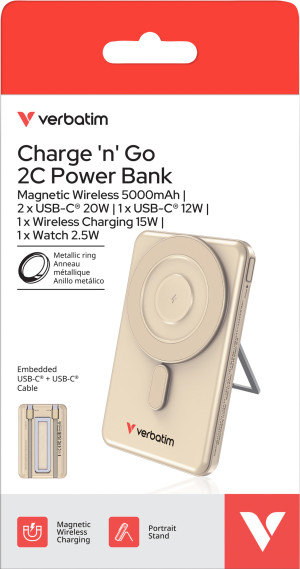 Verbatim Powerbank Charge'n'Go 2C – 5.000 mAh, magnetisches Wireless Charging, gold