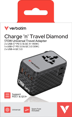 Verbatim Ladeadapter, Charge'n'Travel, GaN III, 170W 1x USB-A QC, 3x USB-C (PD), 100-250 V, Retail