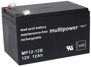 Blei-Akku Multipower MP12-12B, mit VDS-Zulassung, 6,3 mm Faston Anschluss, 12 Volt, 12 Ah