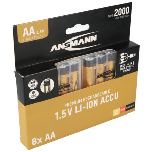8 Stück Ansmann Premium Li-Ion Akku Mignon AA Typ 2000mAh, mit USB-C Lademöglichkeit, 8er inkl. 2x Akkubox sowie einem 4Fach USB-C Ladekabel