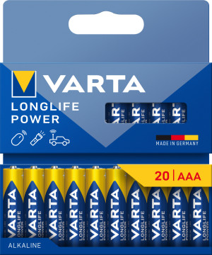 Varta Batterie Alkaline, Micro, AAA, LR03, 1,5V Longlife Power, Retail Blister (20-Pack)
