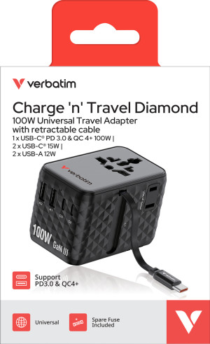 Verbatim Ladeadapter, Charge'n'Travel, GaN III, 100W, USB-C Kabel integriert 2x USB-A QC, 3x USB-C (PD), 100-250 V, Retail