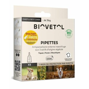 Pipettes insectifuges bio chiot ou petit chien 3 plus 1 gratuite biovetol