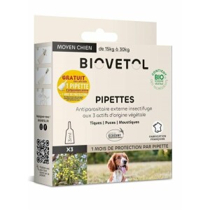 Pipettes insectifuges bio chien moyen par 3 + 1 gratuite biovetol