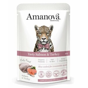 Pâtée naturelle pour chat sans céréales saumon frais dinde 12 x 85 g amanova