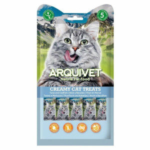 Snacks naturels crémeux pour chat thon et morue 5 x 14 g arquivet