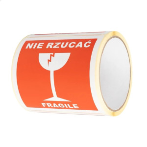 Etykiety samoprzylepne, 100x100mm, nadruk - nie rzucać/fragile, rolka 100 szt