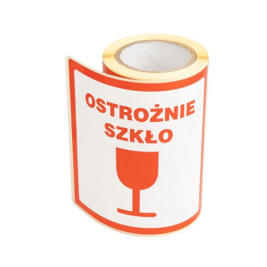 Etykiety samoprzylepne, 100x100mm, nadruk - ostrożnie szkło, rolka 100 szt