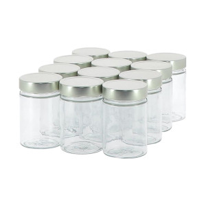 Apiculture.net - Matériel apicole français 12 pots verre 500g (370ml) Modernes avec couvercles Deep - 70 mmArgenté