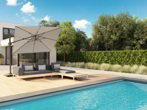Umbrela terasa Platinum Challenger T2 Premium, 3x3 m, patrata, gri deschis, suport granit Ancona negru 90 kg inclus