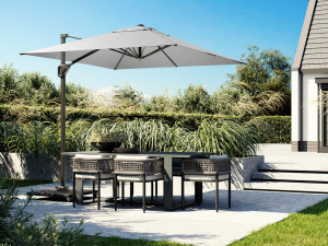 Umbrela terasa Platinum Voyager T1, 3x2 m, dreptunghiulara, gri deschis, suport granit Ancona negru 90 kg inclus