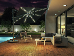 Umbrela terasa Platinum Challenger T2 Glow cu LED, 3x3 m, patrata, antracit, suport granit Ancona negru 90 kg inclus