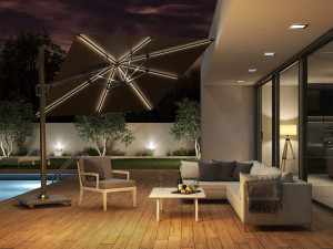 Umbrela terasa Platinum Challenger T2 Glow cu LED, 3x3 m, patrata, bej, suport granit Ancona negru 90 kg inclus