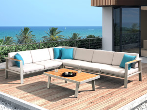 Set mobilier gradina si terasa Higold Nofi, coltar 5 persoane, masuta de cafea, bej, perne decorative albastre