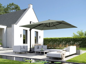 Umbrela terasa Platinum Challenger T2 Premium, 3x3 m, patrata, oliv, suport granit Ancona negru 90 kg inclus