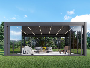 Pergola bioclimatica Aplux ProMax electrica cu LED, aluminiu, 4x6 m cu patru stalpi, antracit