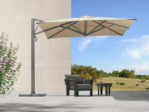 Umbrela terasa Higold Lift, 3×3 m, patrata, khaki, stalp gri, baza granit 144 kg, cu lampa LED cadou