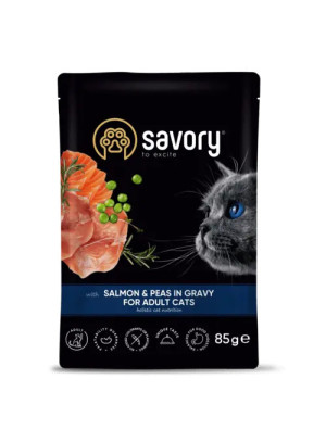 SAVORY SASZETKA DLA DOROSŁEGO KOTA Z ŁOSOSIEM I GROSZKIEM W SOSIE 85G