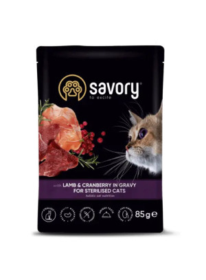 SAVORY SASZETKA DLA STERYLIZOWANEGO KOTA Z JAGNIĘCINĄ I ŻURAWINĄ W SOSIE 85G