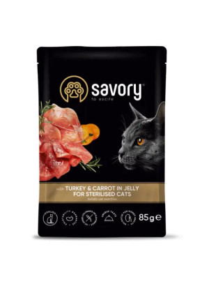 SAVORY SASZETKA DLA STERYLIZOWANEGO KOTA Z INDYKIEM I MARCHEWKĄ W GALARECIE 85G
