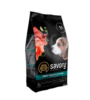 SAVORY KARMA SUCHA Z INDYKIEM I KURCZAKIEM DLA SZCZENIĄT WSZYSTKICH RAS 3 KG