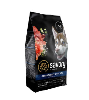 SAVORY KARMA SUCHA Z INDYKIEM I KURCZAKIEM DLA JUNIORÓW DUŻYCH RAS 12 KG