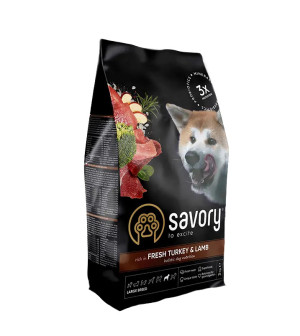 SAVORY KARMA SUCHA Z INDYKIEM Z JAGNIĘCINĄ DLA PSÓW DOROSŁYCH DUŻYCH RAS 12 KG