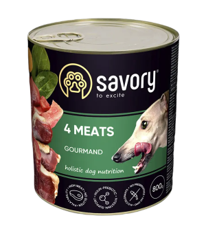 SAVORY KARMA MOKRA O SMAKU 4 MIĘS DLA WYBREDNYCH PSÓW WSZYSTKICH RAS 800 G