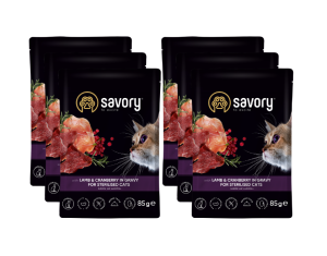 SAVORY SASZETKA DLA STERYLIZOWANEGO KOTA Z JAGNIĘCINĄ I ŻURAWINĄ W SOSIE 6x85G