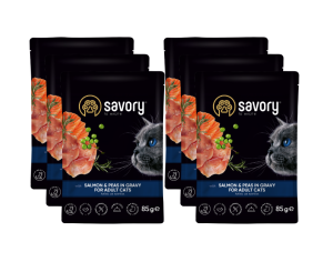 SAVORY SASZETKA DLA DOROSŁEGO KOTA Z ŁOSOSIEM I GROSZKIEM W SOSIE 6x85G