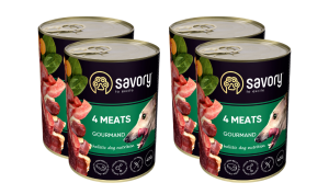 SAVORY KARMA MOKRA O SMAKU 4 MIĘS DLA WYBREDNYCH PSÓW WSZYSTKICH RAS 4x400 G