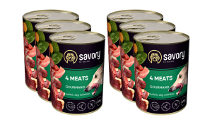 SAVORY KARMA MOKRA O SMAKU 4 MIĘS DLA WYBREDNYCH PSÓW WSZYSTKICH RAS 6x400 G
