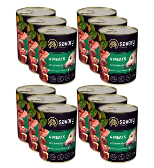 SAVORY KARMA MOKRA O SMAKU 4 MIĘS DLA WYBREDNYCH PSÓW WSZYSTKICH RAS 12x400 G