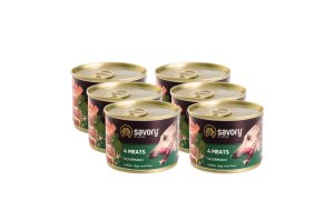 SAVORY KARMA MOKRA O SMAKU 4 MIĘS DLA WYBREDNYCH PSÓW WSZYSTKICH RAS 6x200 G