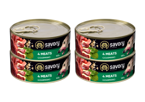 SAVORY PASZTET 4 MIĘSA DLA WYBREDNYCH PSÓW WSZYSTKICH RAS 4x100G