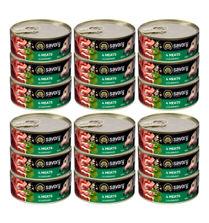 SAVORY PASZTET 4 MIĘSA DLA WYBREDNYCH PSÓW WSZYSTKICH RAS 18x100G
