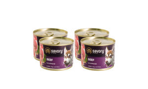 SAVORY KARMA MOKRA Z WOŁOWINĄ DLA WYBREDNYCH DOROSŁYCH PSÓW WSZYSTKICH RAS 4x200 G