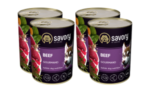 SAVORY KARMA MOKRA Z WOŁOWINĄ DLA WYBREDNYCH DOROSŁYCH PSÓW WSZYSTKICH RAS 4x400 G