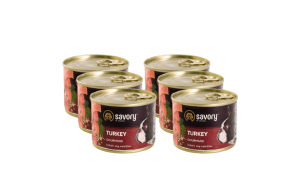 SAVORY KARMA MOKRA Z INDYKIEM DLA WYBREDNYCH PSÓW WSZYSTKICH RAS 6x200 G