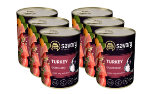 SAVORY KARMA MOKRA Z INDYKIEM DLA WYBREDNYCH PSÓW WSZYSTKICH RAS 6x400 G