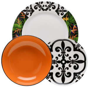 Evviva Servizio tavola porcellana 18 pz (6 piatti piani, 6 piatti fondi in stoneware, 6 piatti frutta) Ø 27 cm, Ø 20 cm, Ø 19 cm - Jungla